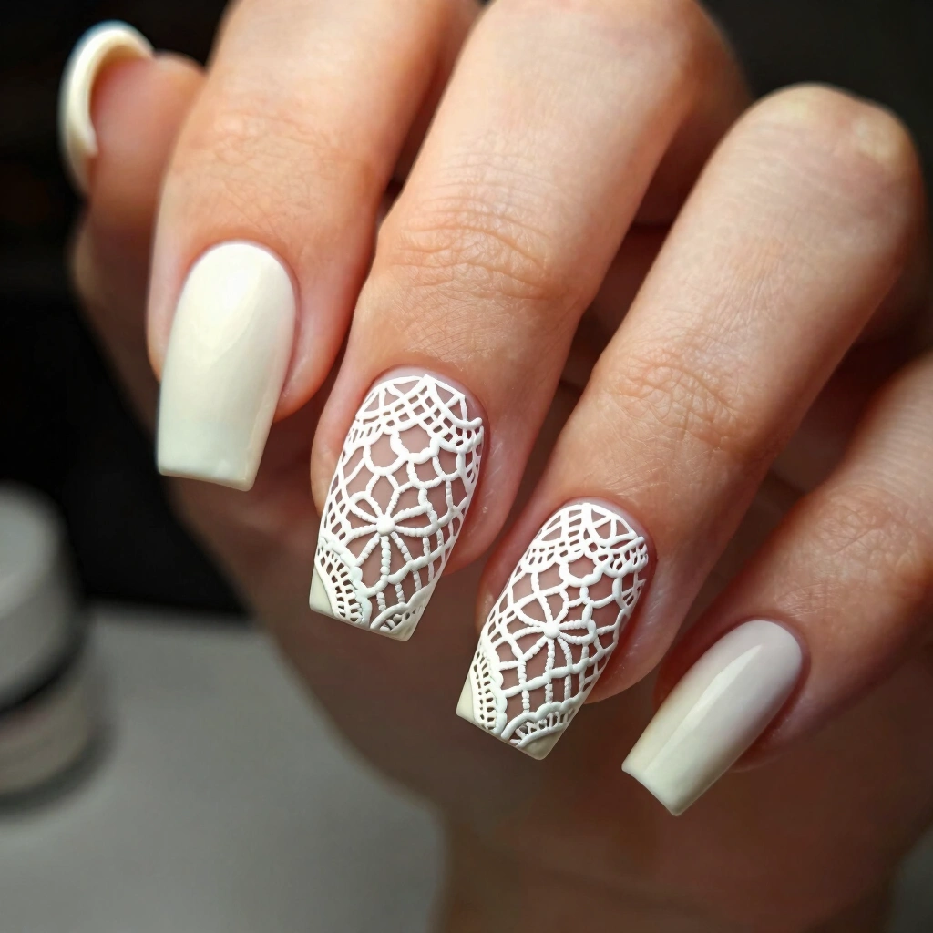 21. Milky White with Delicate Lace Print Accent