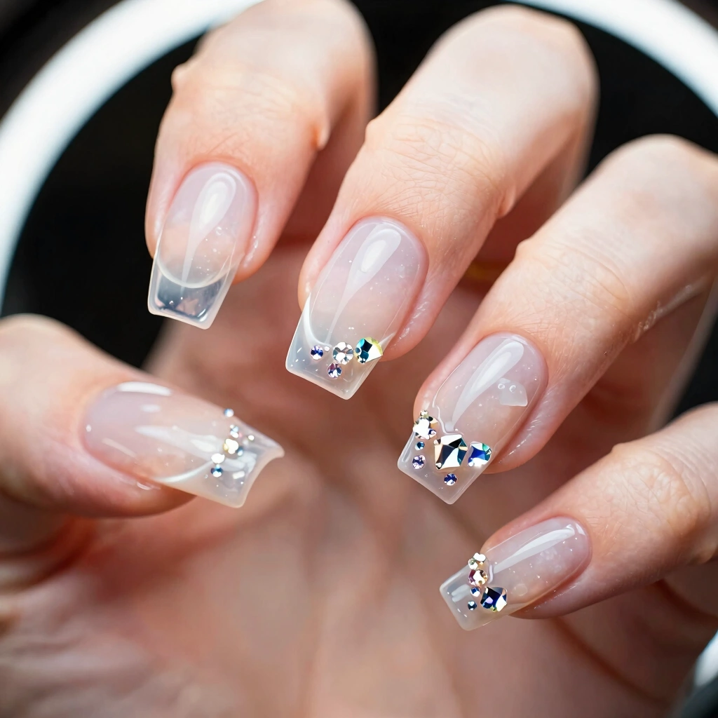 12. Clear Jelly Nails with Crystal Accents