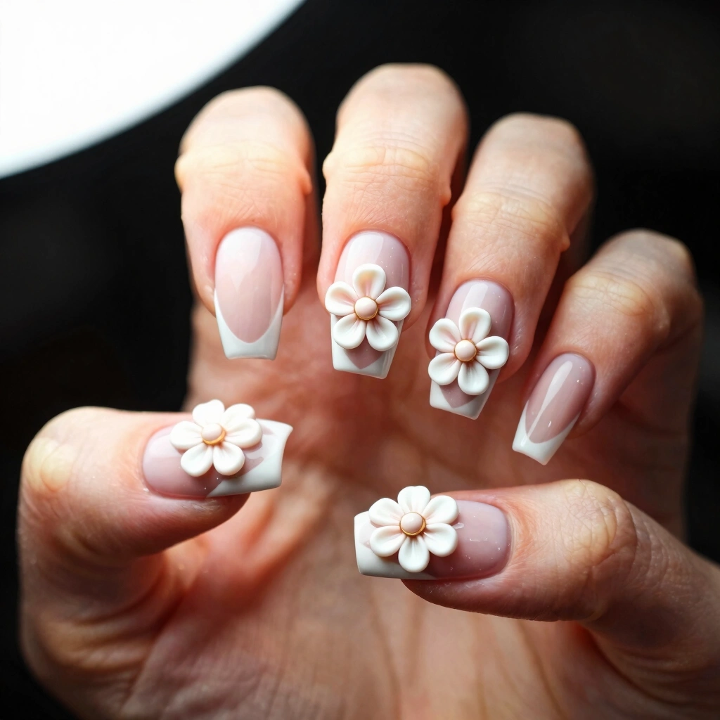 5. 3D Floral Accent Coffin Nails