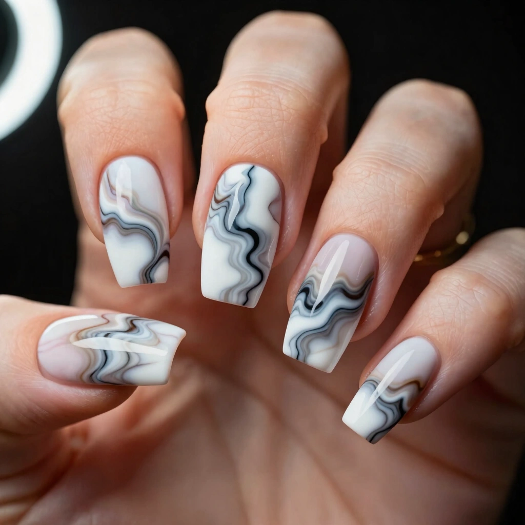 10. Marble Swirl Coffin Nails