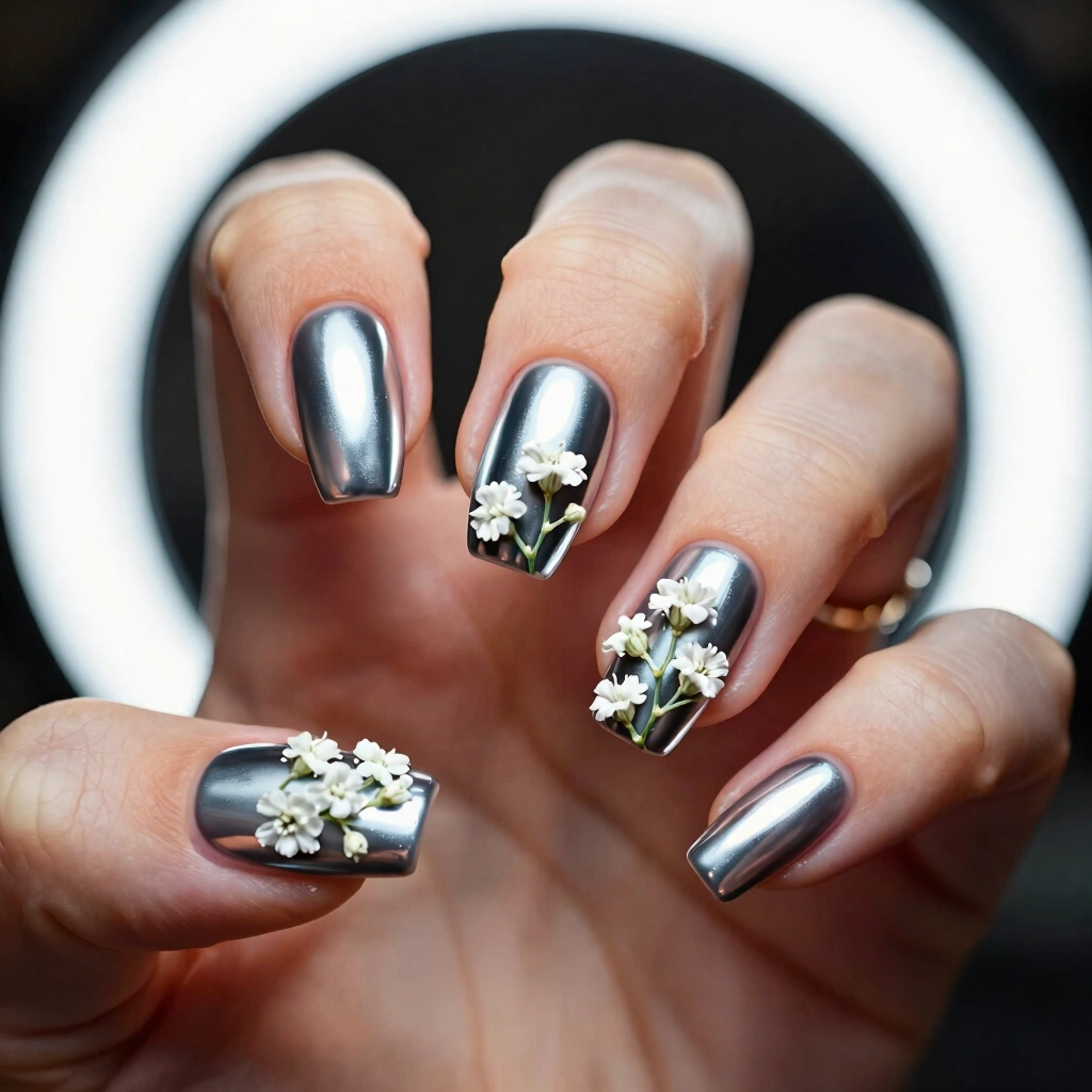 8. Chrome with Baby's Breath Accent Nail