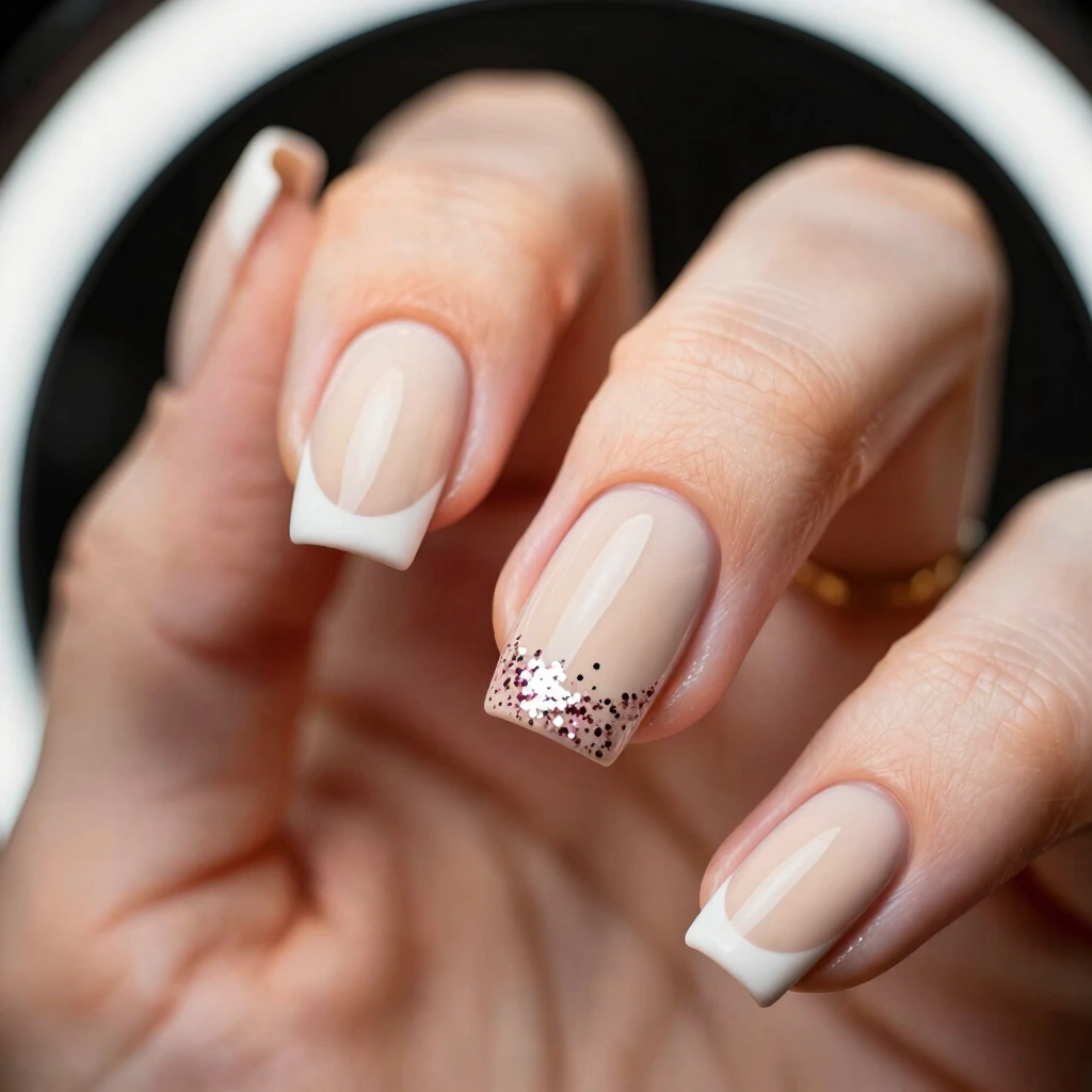 2. Soft Nude Base With Micro-Glitter Accent Nail