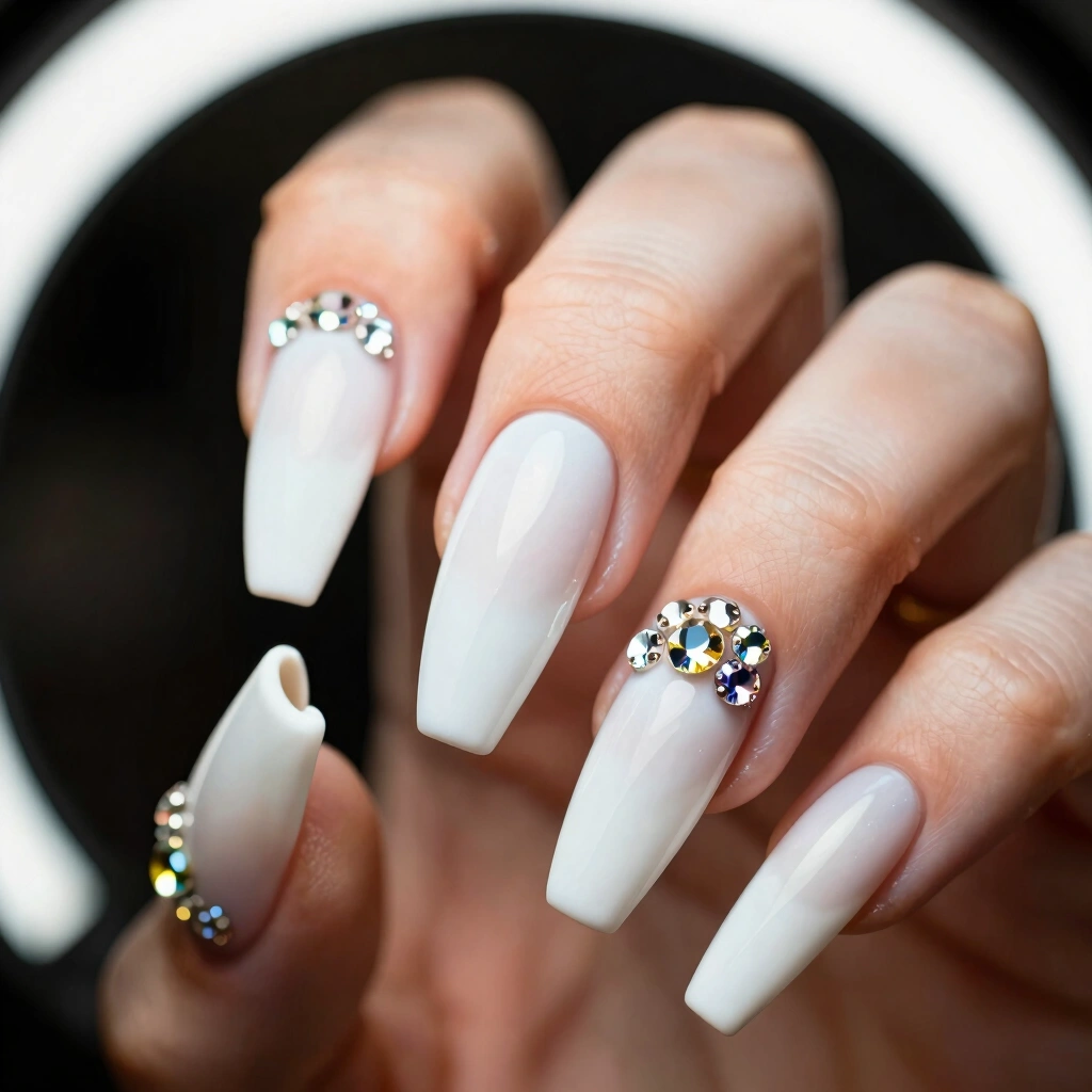 7. Milky White Coffin Nails with Rhinestones