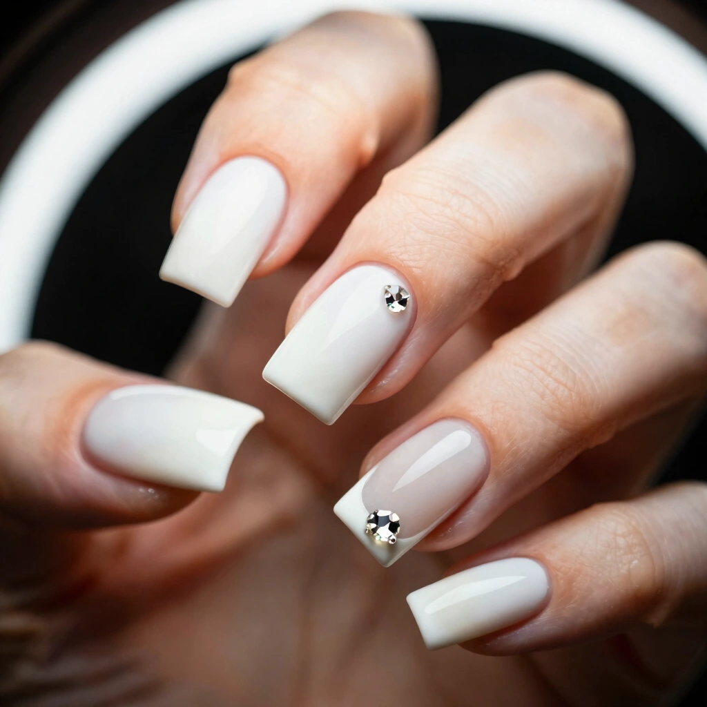 8. Milky White Square Nails with Single Crystal Accent
