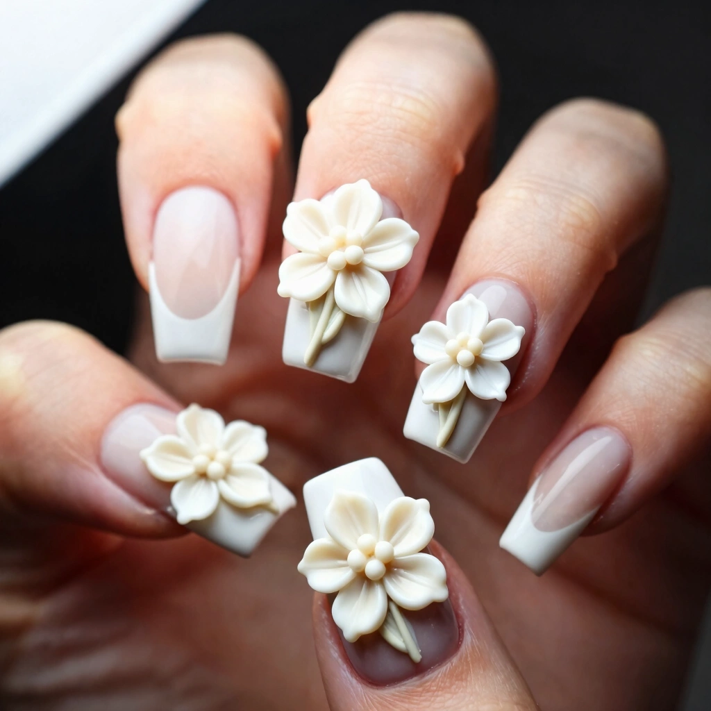 9. Milky White with 3D Floral Appliqués