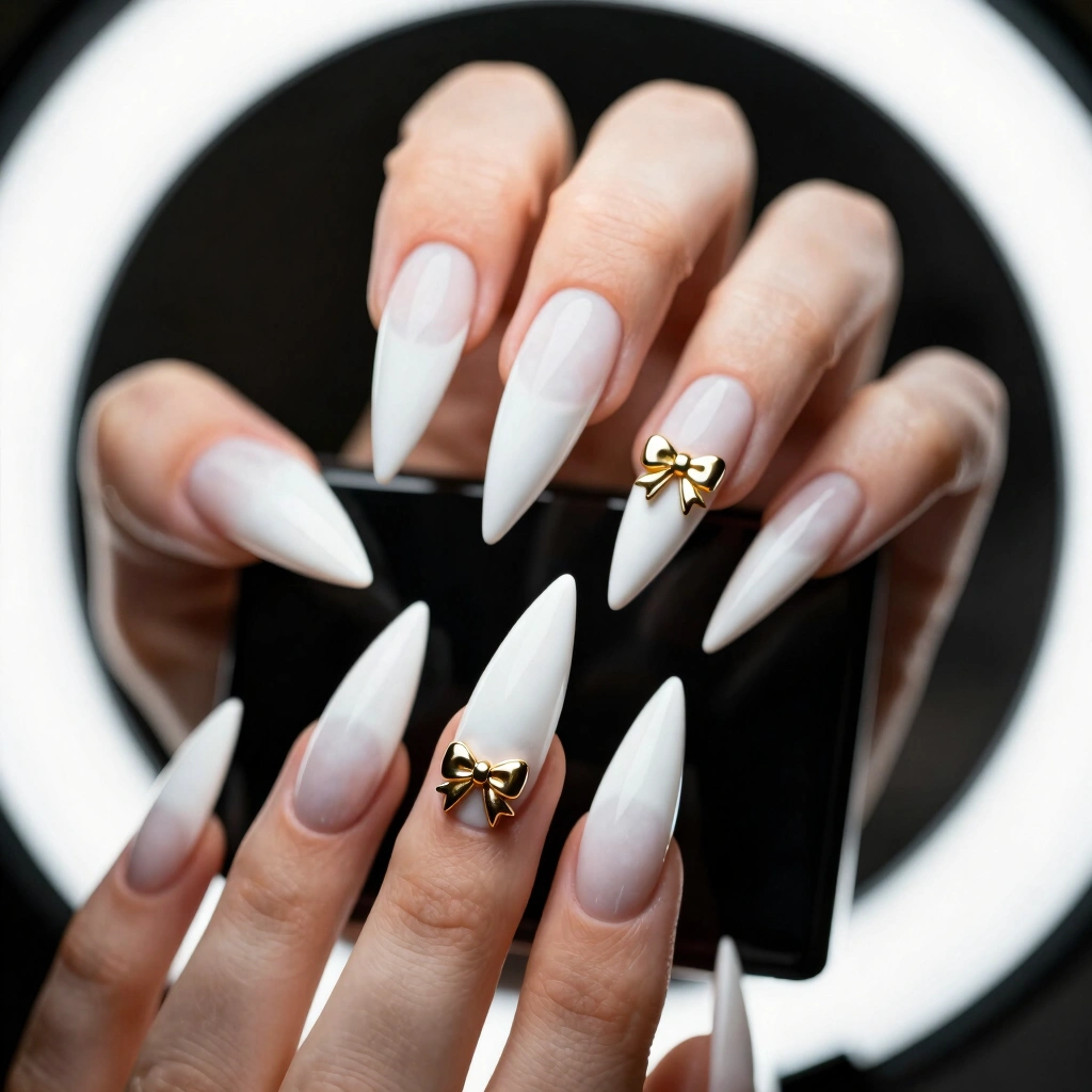 12. Milky White Stiletto Nails with Bridal Charms