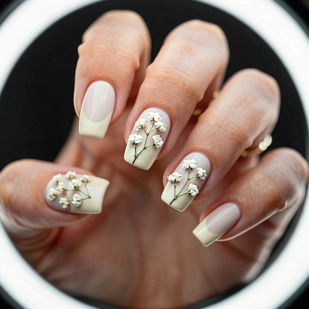 13. Milky White with Baby's Breath Nail Art